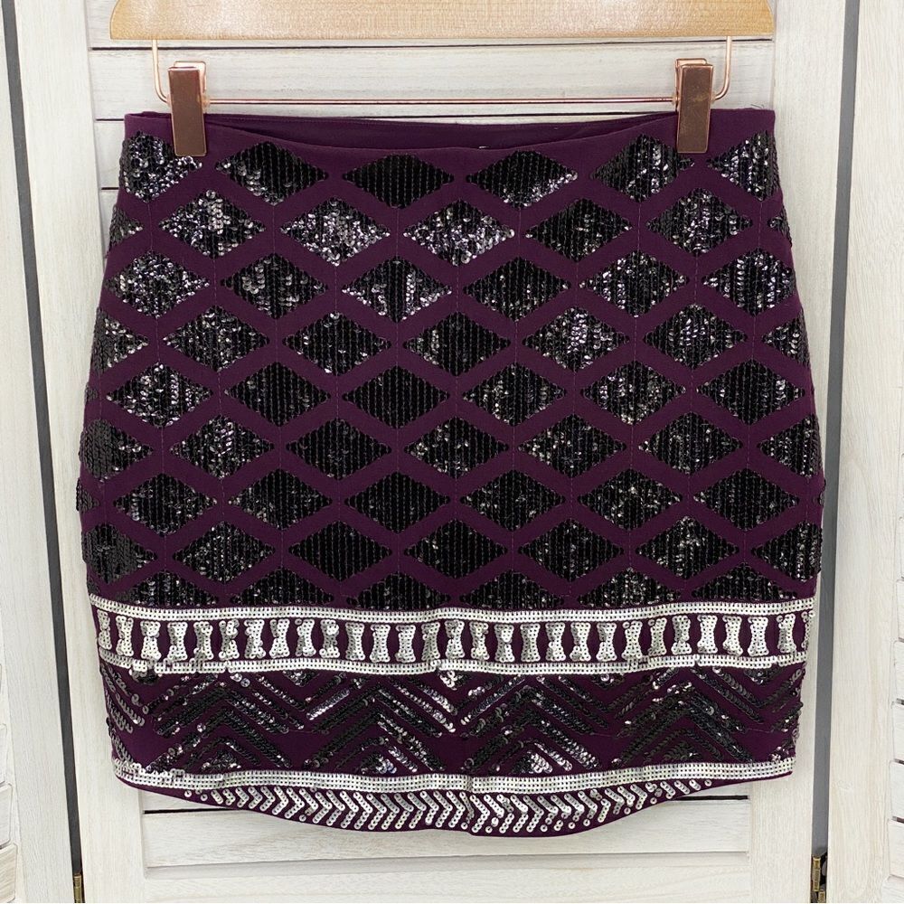 Express Geometric Diamond Print Sequin Bodycon Mini Skirt Purple Black XS